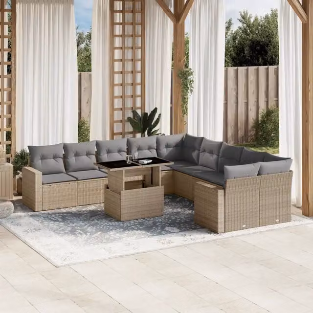 Set di Divani da Giardino a Forma di U vidaXL con 11 Pezzi, Cuscini Beige e Tavolino, Design Moderno in Polyrattan e Metallo