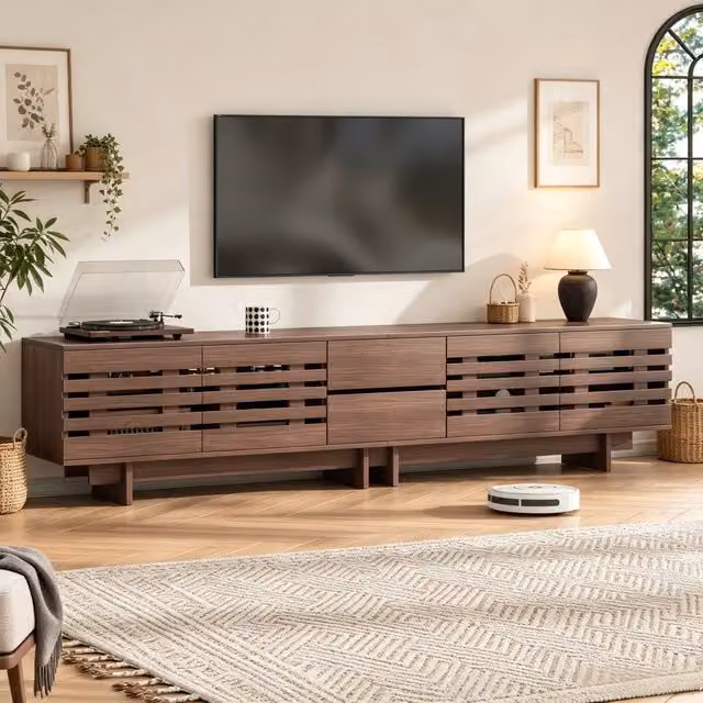 Mobile TV moderno in colore noce, 200x39,5x55 cm, per TV fino a 80 pollici. Con 4 ante, 2 cassetti e 6 vani portaoggetti. Ideale per soggiorno e camera da letto.