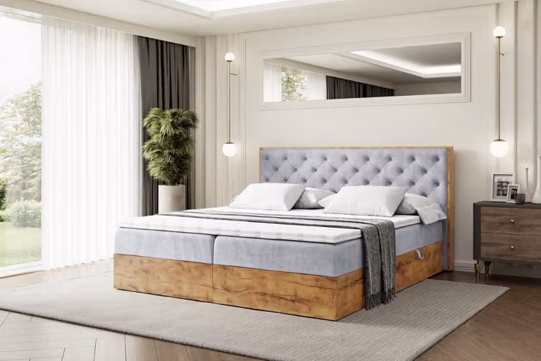 Letto boxspring ALTDECOR con materasso e rete a doghe, topper, pediera, letto imbottito con contenitore, letto con spazio contenitivo, materasso H4, letto matrimoniale, letto a cassettoni - LOLLI3 - 160x200 - Grigio Monolith