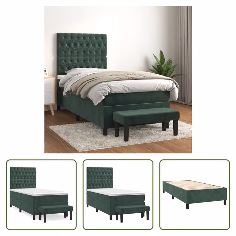 The Living Store Letto a molle con materasso verde scuro 80x200 cm in velluto