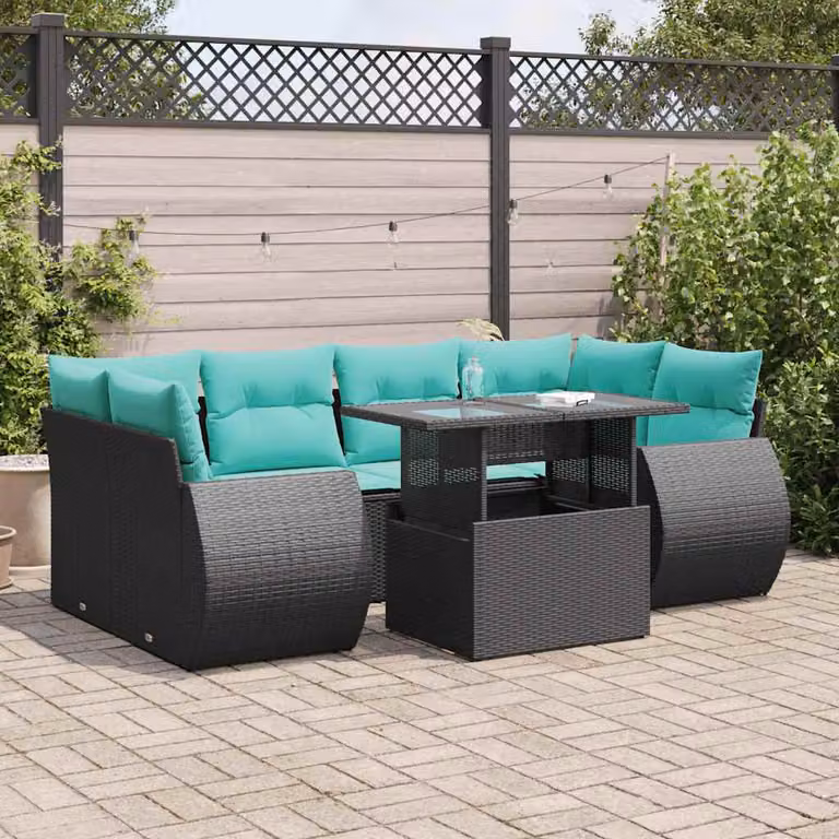 Set Divano da Giardino a L con Tavolino vidaXL in Polyrattan Nero e Acacia con 7 Cuscini Blu