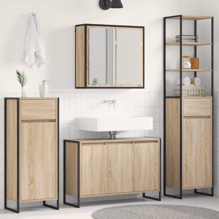 Set di mobili per il bagno moderno vidaXL in legno color rovere con mobile lavabo, pensile e specchio con illuminazione LED