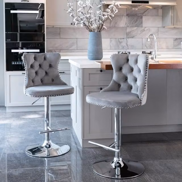 Set di 2 Sgabelli da Bar MINIMAL Girevoli in Velluto Grigio con Altezza Regolabile