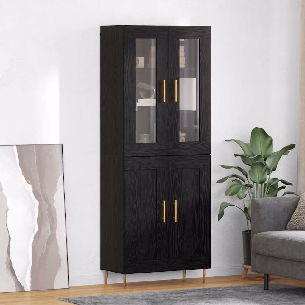 Set di 2 credenze moderne vidaXL con ante in vetro, finitura nera e dettagli oro, L/P/H: 69,5 x 34 x 180 cm