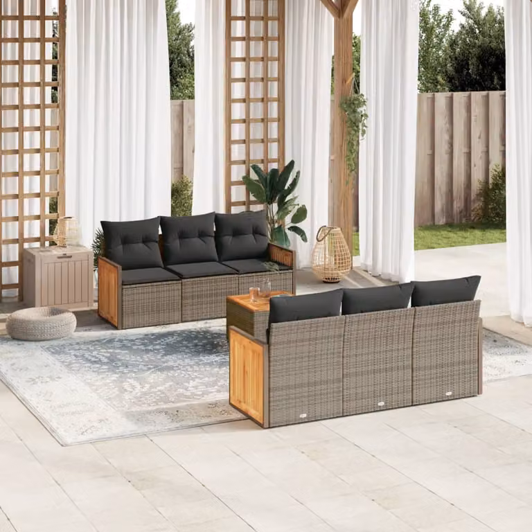 Set di divani da giardino vidaXL in polyrattan grigio con cuscini e tavolino da esterno 7 pezzi