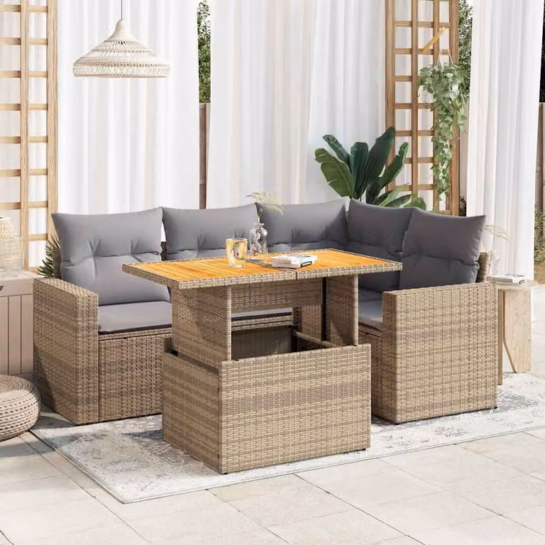 Set Divano da Giardino vidaXL 5 pz a Forma a L con Tavolino in Polyrattan e Cuscini Beige