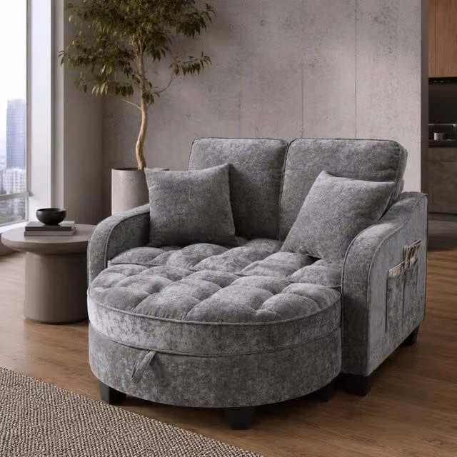 Divano letto MIVRAY moderno in tessuto grigio con pouf coordinato incluso