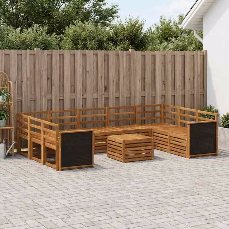 Set di divani da esterno vidaXL in legno di acacia marrone con cuscini e tavolino da giardino a forma di L