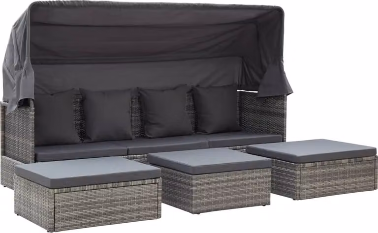 Lettino da Giardino con Tettuccio in Polyrattan Grigio Mélange