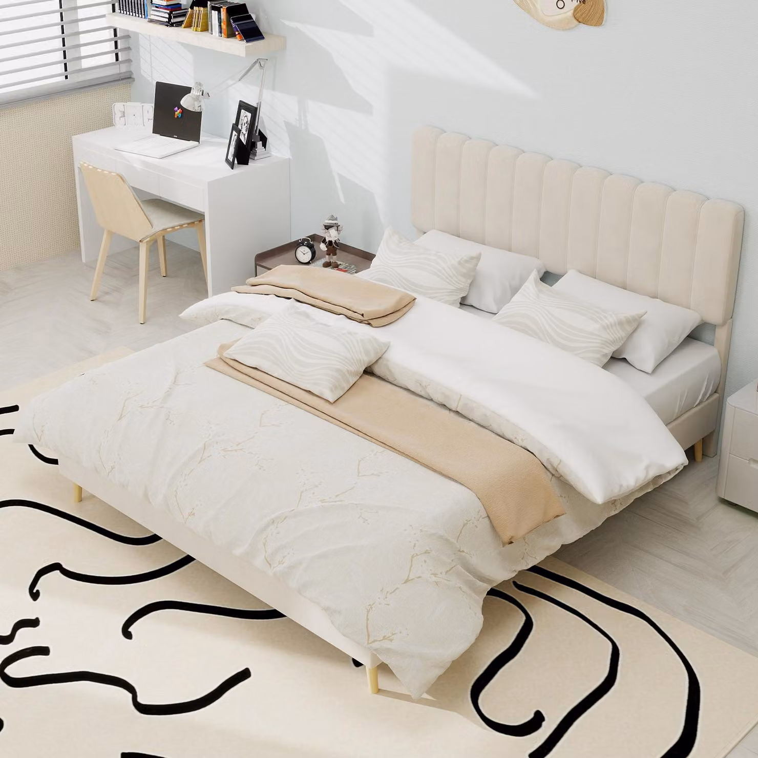 MODFU letto imbottito 140x200 multifunzionale per la camera da letto con morbida testata, letto matrimoniale con tessuto in velluto olandese e facile installazione, senza materasso, beige