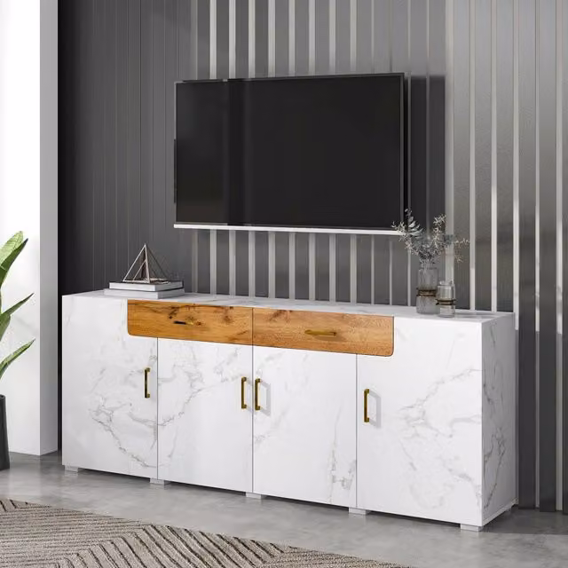 Credenza con 4 ante e 2 cassetti, bianco marmorizzato, stile moderno, per soggiorno e cucina, 208 × 39,5 × 80 cm