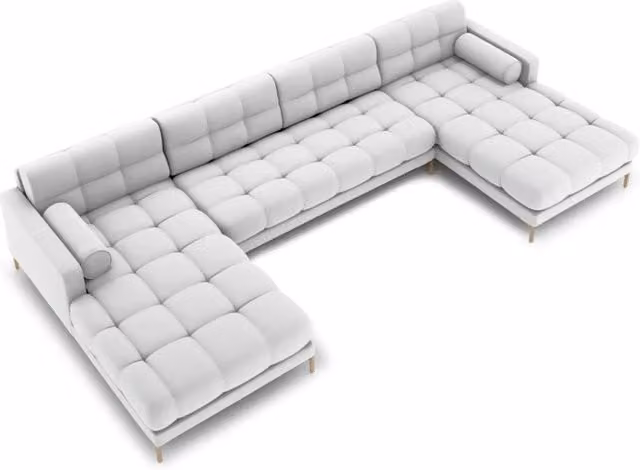 Divano panoramico Bali Cosmopolitan Design a 7 posti in tessuto strutturato grigio chiaro con forma a L e seduta in materassino L: 383 cm, P: 185 cm, H: 75 cm