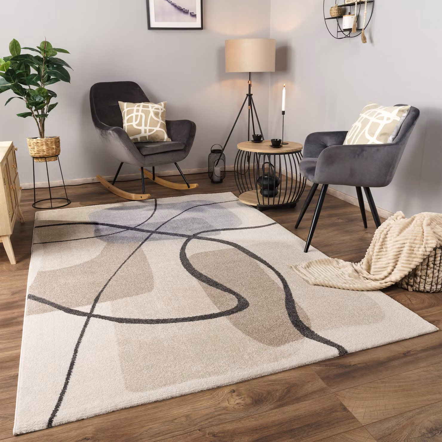Tappeto Balsa beige moderno con design astratto, L: 120 cm, P: 170 cm – 3