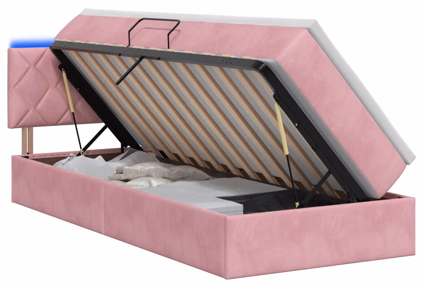 Letto imbottito con tecnologia LED e materasso rosa, dimensioni 90 x 200 cm, rivestito in velluto