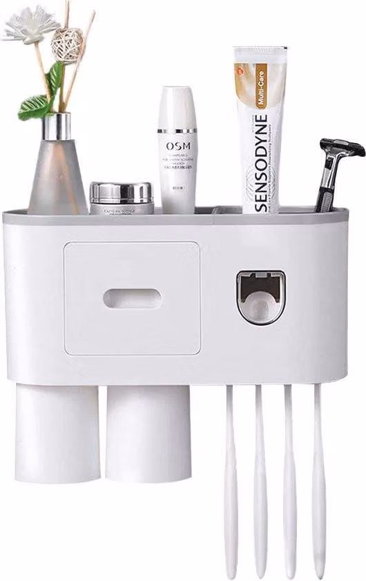 Supporto da parete per dispenser di dentifricio con 4 portaspazzolini, 2 magneti e organizer