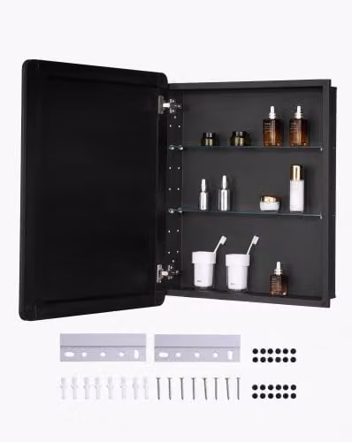 Armadietto per medicinali Vevor con specchio per bagno, telaio in alluminio e ripiani in vetro regolabili, installazione a incasso o a parete, colore nero, L: 61,0 cm x H: 76,2 cm