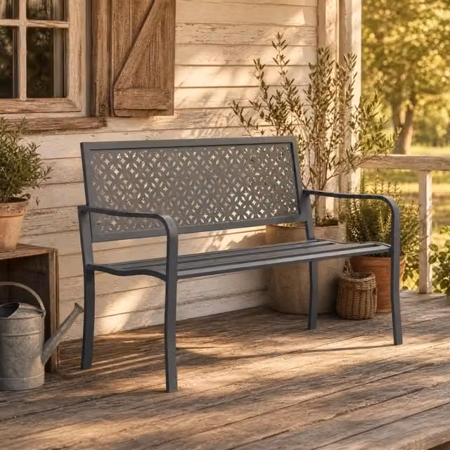 Panca da giardino WISHDOR a 2 posti in acciaio grigio con braccioli e struttura resistente alle intemperie – 1