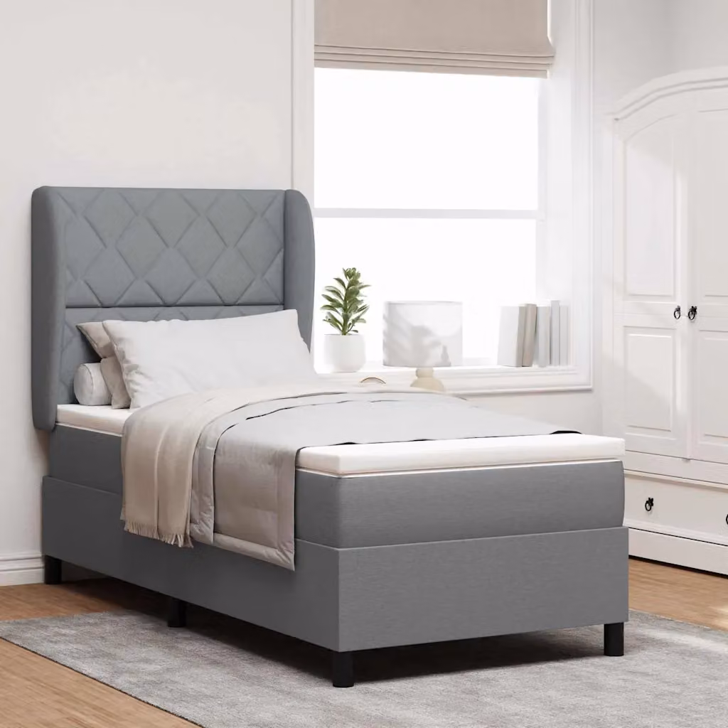 Letto a molle con testiera vidaXL in tessuto grigio chiaro, L/P/H: 90 x 200 cm