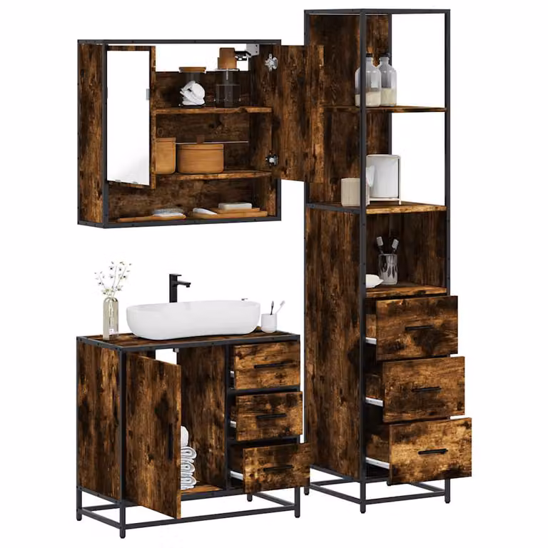 Set di mobili da bagno industrial vidaXL in legno e metallo marrone composto da mobile sottolavabo, armadietto alto e pensile con specchio e illuminazione LED