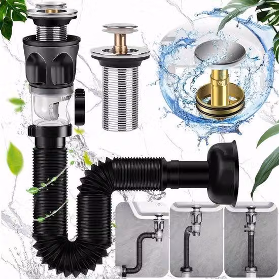 Set di tubi di scarico per lavabo con tubo di scarico flessibile e filtro a molla - nero - tubo di scarico estraibile - estendibile da 295 a 985 mm