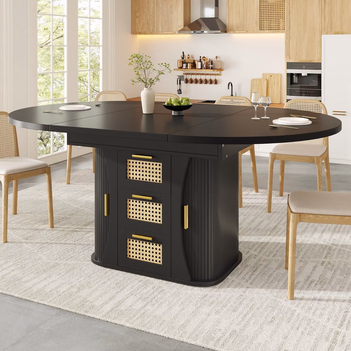 Flieks Tavolo da pranzo allungabile con vano portaoggetti integrato e finitura effetto rattan, tavolo da cucina, tavolo da pranzo 118-158 x 118 x 77,1 cm, nero