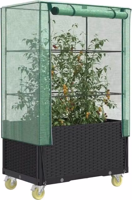 Letto rialzato con copertura e ruote effetto rattan vidaXL per orto e giardino, disponibile in nero o verde, L: 80 cm, P: 50 cm, H: 182 cm – 1