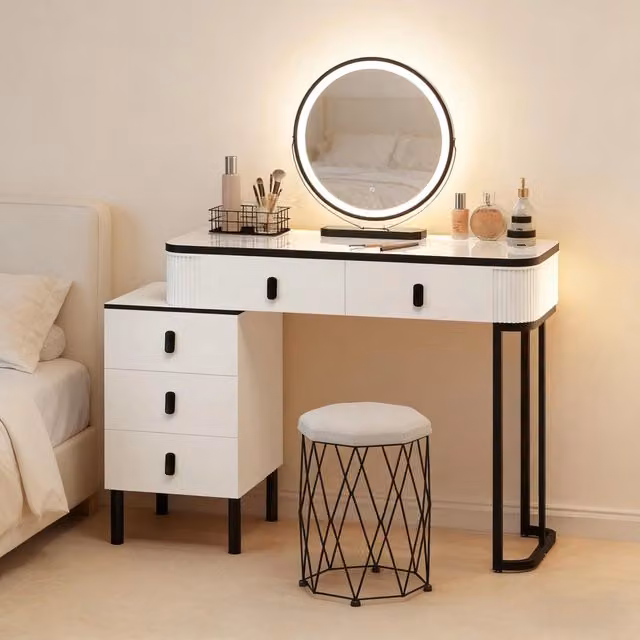 Toeletta Hollywood Mivray con specchio LED dimmerabile e sgabello, finitura laccata bianco e nero, L 125 x P 40 x H 100 cm – 1