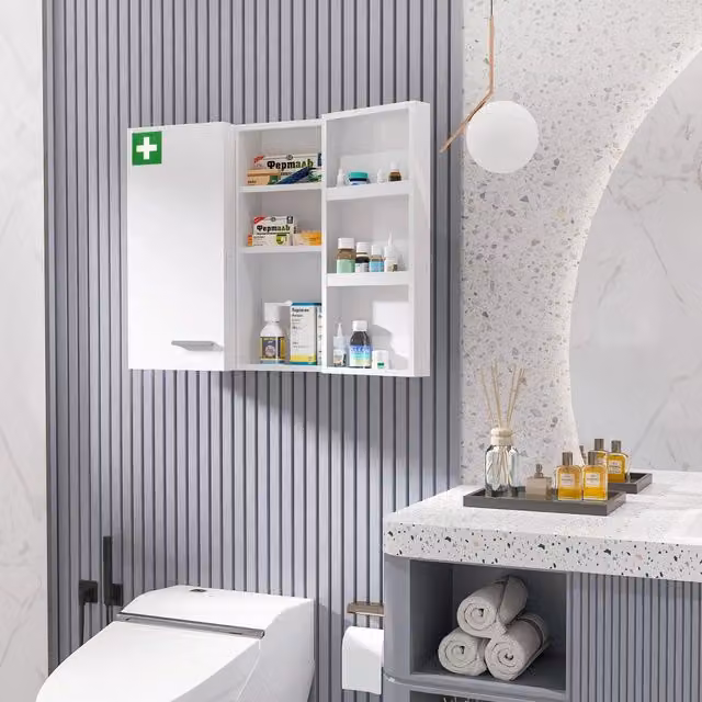 Armadio medicinale da parete REDOM in metallo bianco con serratura e ripiani interni L: 55 cm, P: 18 cm, H: 60 cm