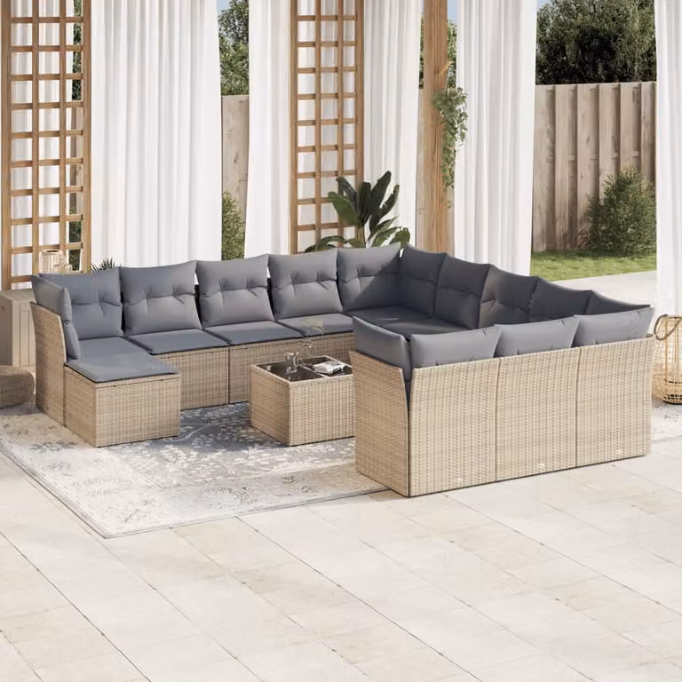 Set Divano da Giardino vidaXL 13 pz in Polyrattan con Cuscini Beige e Tavolino per Terrazza e Giardino