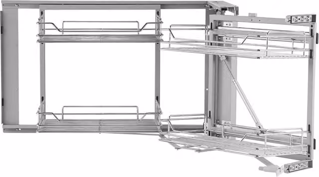 Organizzatore per Angolo Cieco Estraibile, 2 Livelli e 4 Ripiani, Cestino Portaoggetti Acciaio Cromato Pratico per Mobile Cucina, 860 x 535 x 560 mm