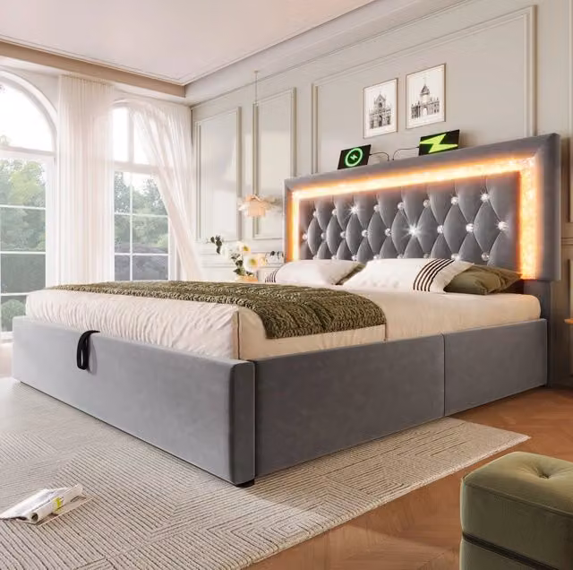 Letto imbottito 140x200 cm con contenitore idraulico e LED in velluto grigio