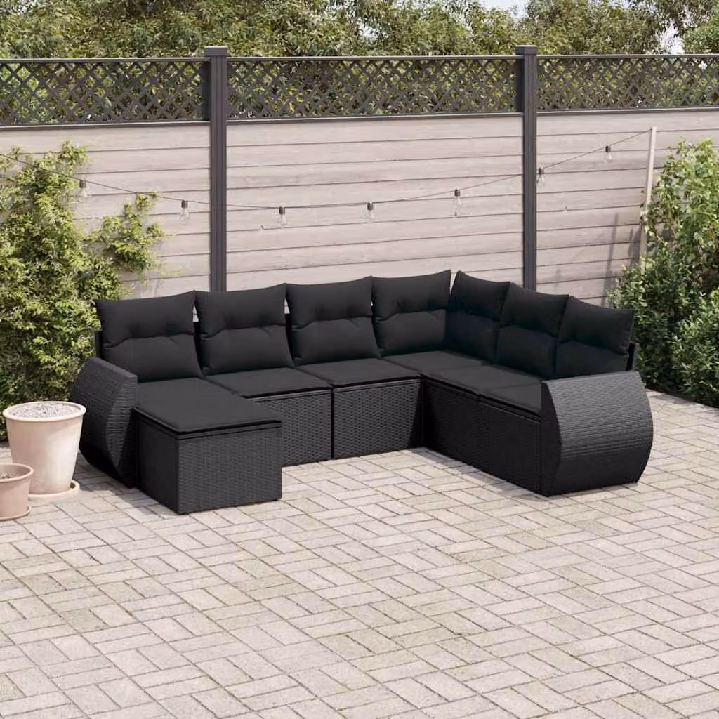 vidaXL Set Divani da Giardino Moderno in Polyrattan Nero con 7 Cuscini e Ottoman – 1
