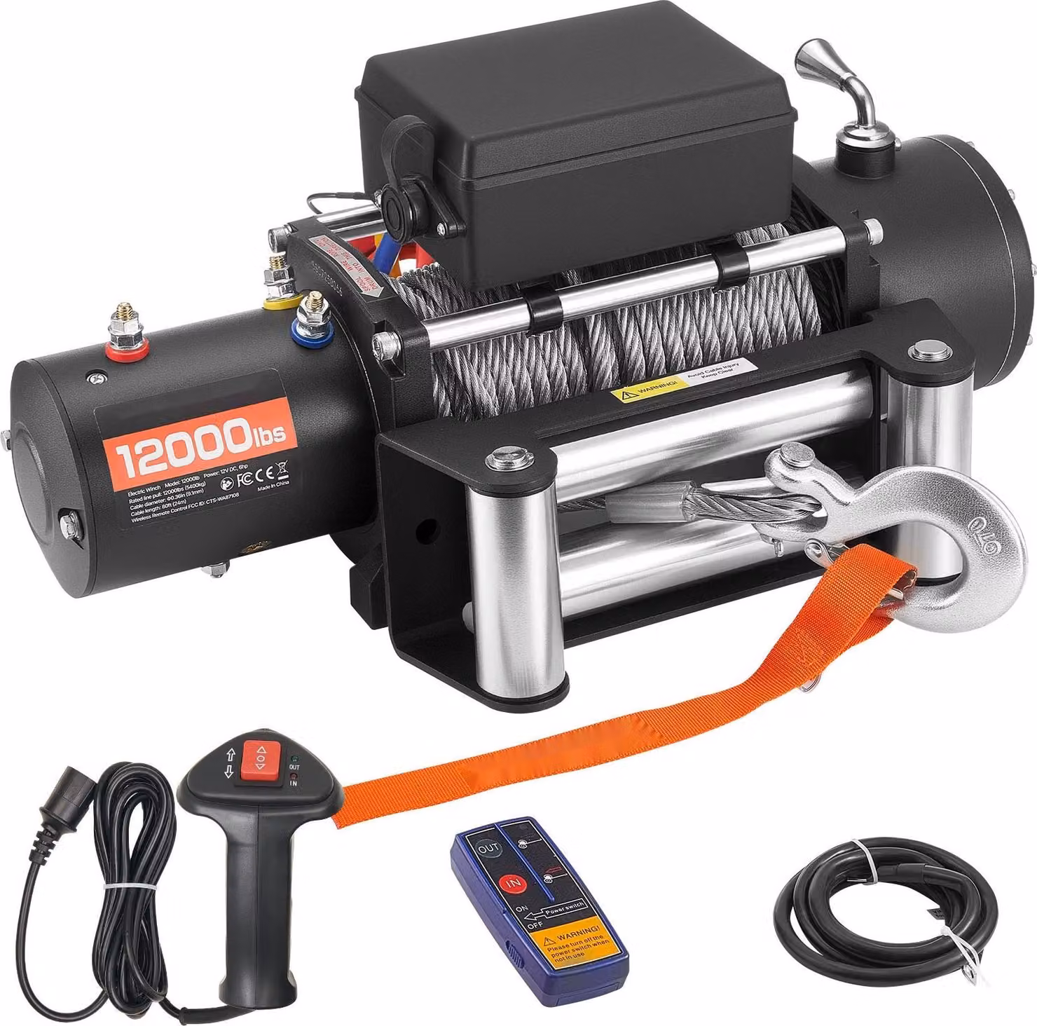 Verricello elettrico - Verricello fuoristrada 12 V - Forza di trazione 5400 kg - Cavo in acciaio 24 m - Telecomando radio e via cavo - IP55 - Per SUV, fuoristrada, rimorchi, barche - Per recupero e traino