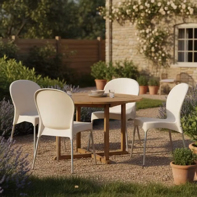 Set di 4 sedie da esterno impilabili DMORA Eclectic in stile boho beige e bianco