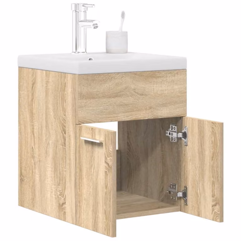 Mobile da bagno sospeso vidaXL con lavabo integrato e rubinetto, Rovere Sonoma e Bianco, L: 46,0 cm, P: 38,5 cm, H: 41,0 cm