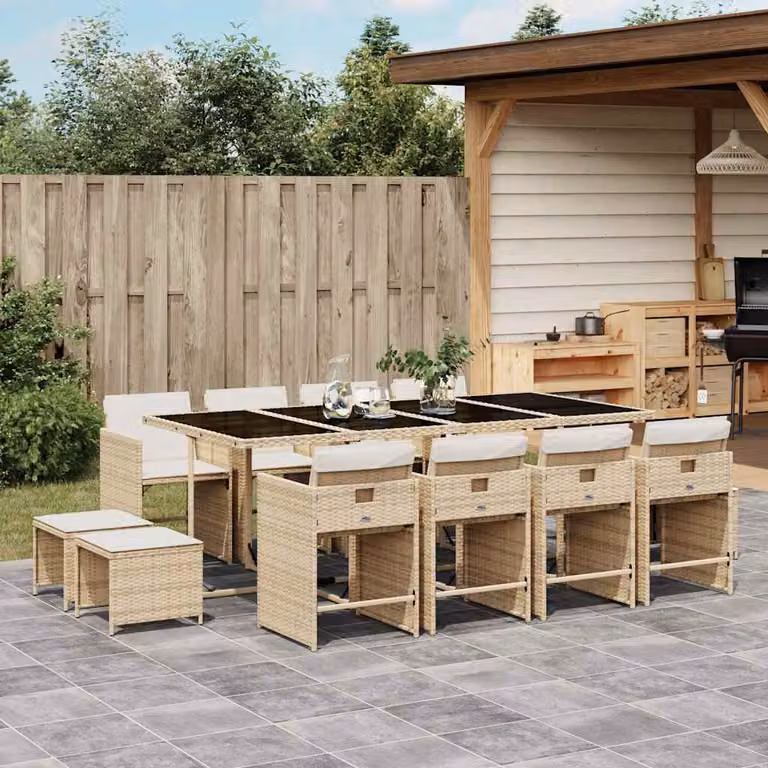 vidaXL Set da Pranzo da Giardino 13 pz in Polyrattan con Cuscini Beige e Tavolo in Vetro