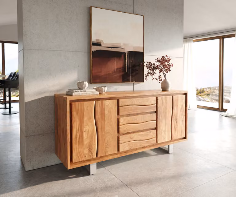 Mobile contenitore DELIFE con piano in legno massello a bordo vivo, 170 cm, legno di acacia naturale, 3 cassetti e 4 ante