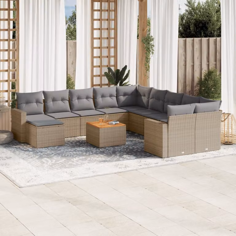 Set di divani da giardino vidaXL in polyrattan beige con cuscini, componibile a forma di U per esterno e terrazza