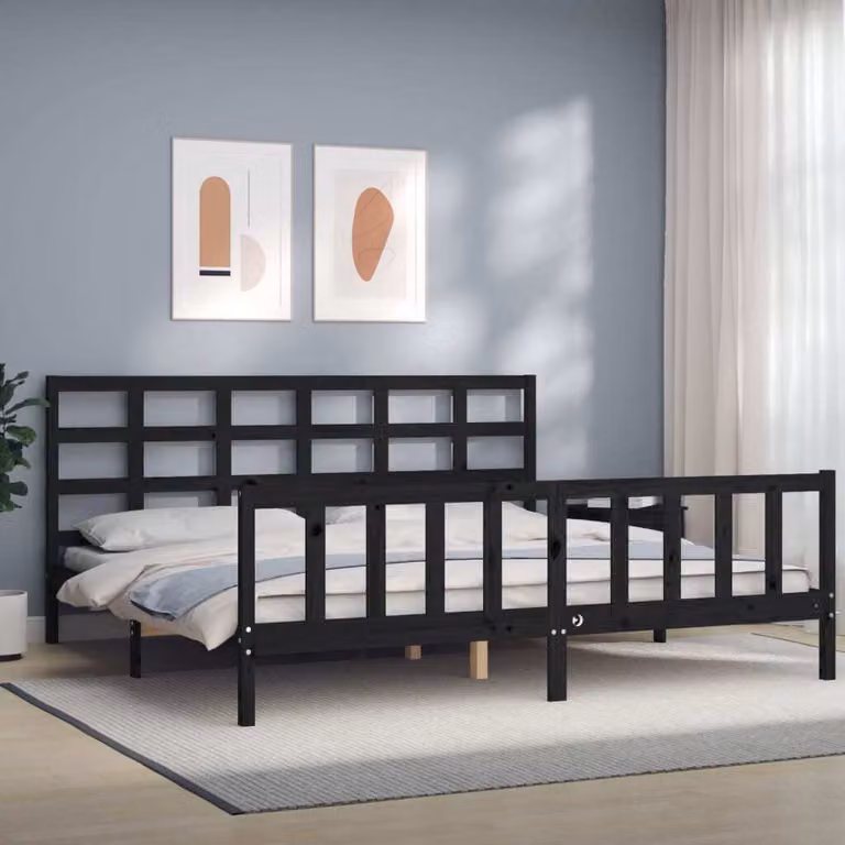 The Living Store Letto in legno massiccio con testiera nera 200x200 cm
