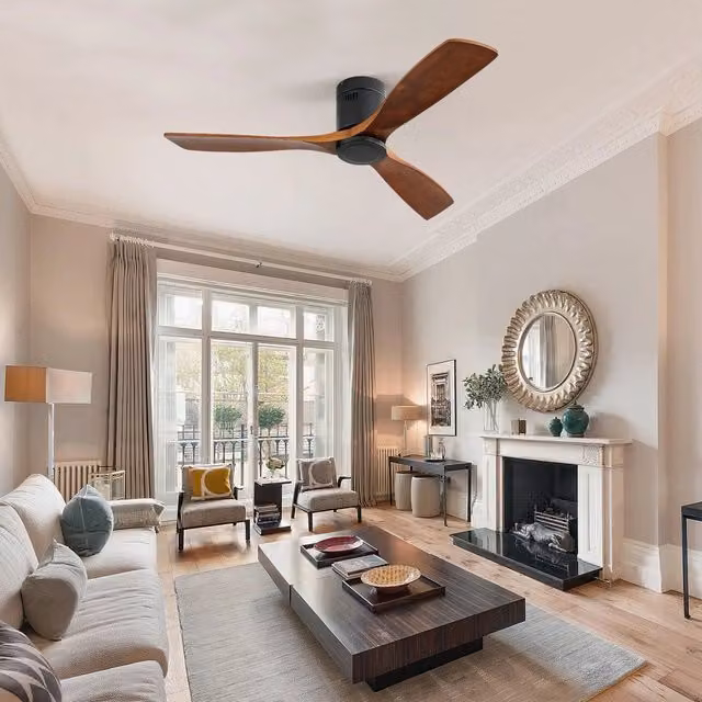 Ventilatore da soffitto Minimal con 3 pale in legno intagliato, motore DC reversibile silenzioso, telecomando, nero e marrone, diametro 132 cm