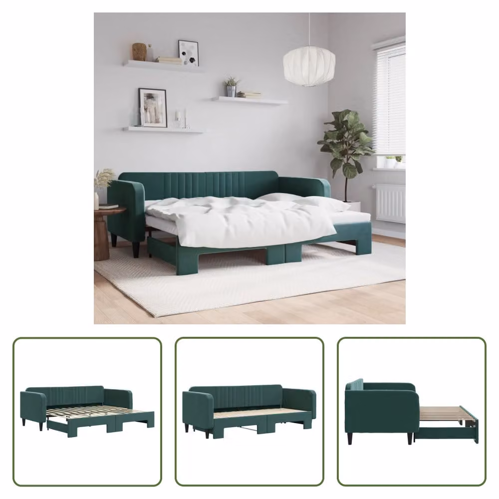 The Living Store Letto da giorno allungabile Verde scuro 90x200 cm in velluto