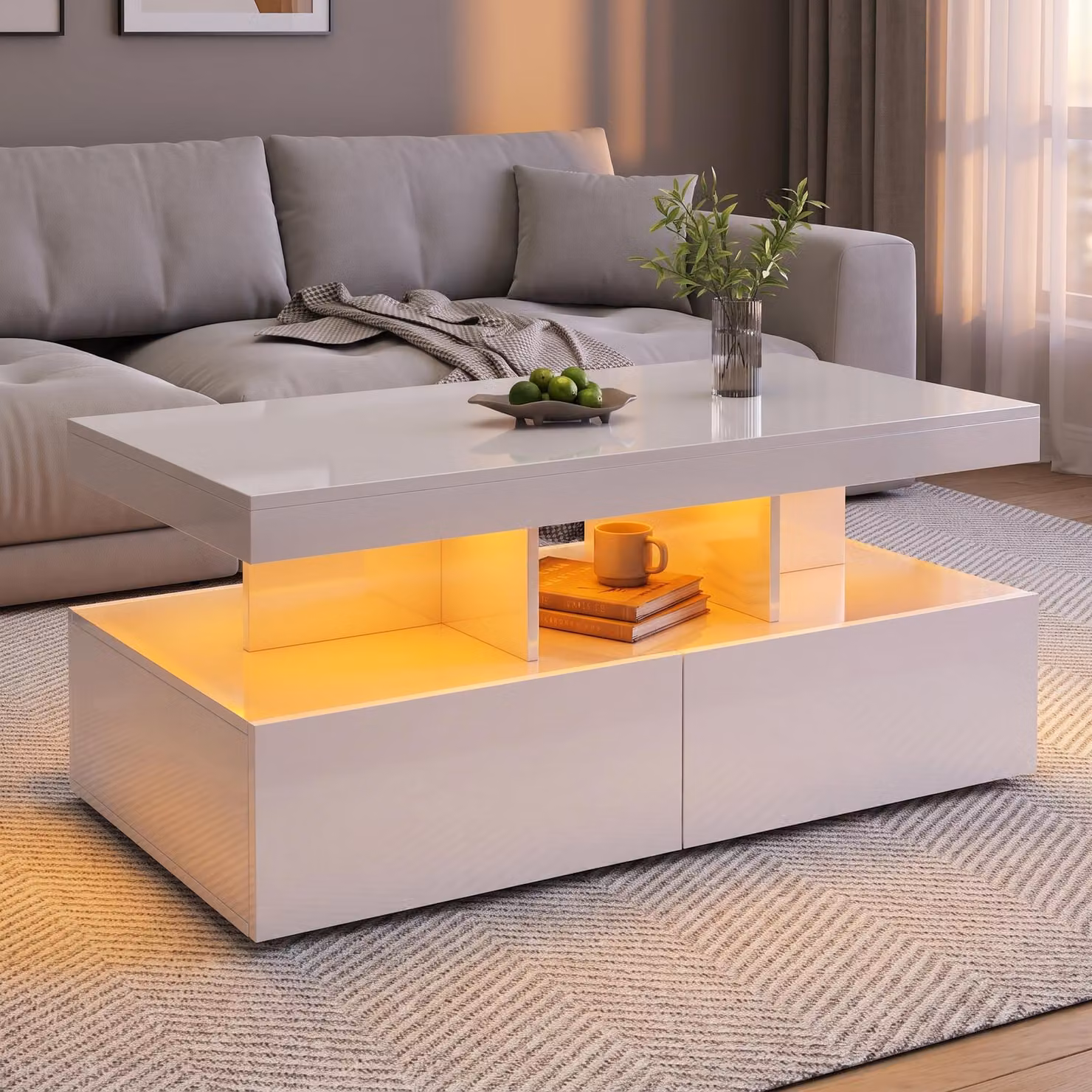 Tavolino da divano INONEFT, tavolino moderno per soggiorno, con illuminazione LED, mobile contenitore con ripiani aperti, tavolino laterale per TV, ideale per soggiorno o ufficio (bianco)