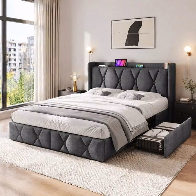 Letto contenitore imbottito grigio 140x200 cm con 4 cassetti, testiera con prese USB e 2 prese elettriche, struttura in lino con rete a doghe in legno