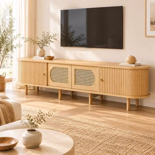 Mobile porta TV in MDF con 2 ante e 2 serrande laterali stile rattan per soggiorno colore naturale 180 × 40 × 40 cm
