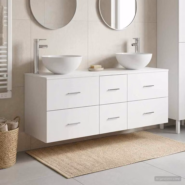 Set di mobili da bagno moderni vidaXL composto da 3 pezzi in bianco con vanità e pensili sospesi L/P/H: 49,5 x 41 x 64,5 cm