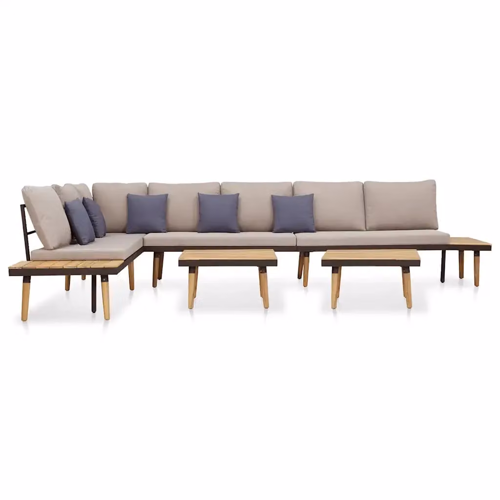 Set Divani da Giardino a L vidaXL con Cuscini e Tavolino, Legno di Acacia e Acciaio, Marrone, Grigio e Beige – 2