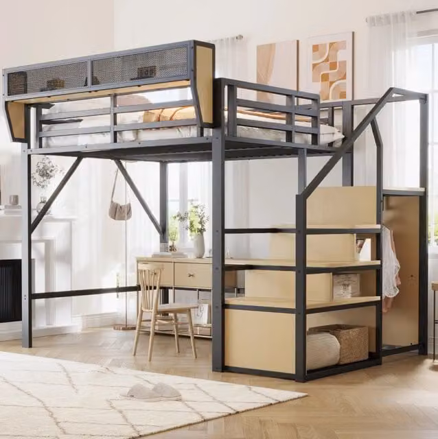 Letto a soppalco 140x200 cm con scaletta di sicurezza e ripiano regolabile in metallo nero