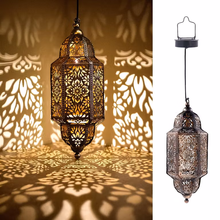 Lanterna solare, stile marocchino, lampada a sospensione, metallo, LED, color bronzo