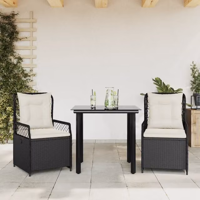 Set da Pranzo da Giardino 3 pz con Cuscini Nero in Polyrattan 3262964