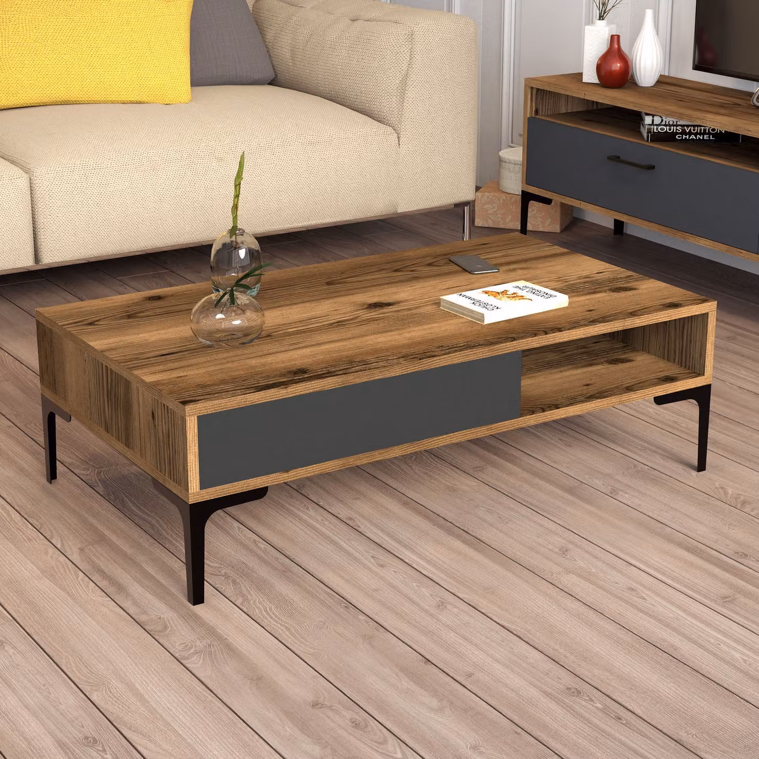 Skye Decor, tavolino moderno, noce e antracite, 105 x 32,6 x 60 cm | Realizzato in pannello di particelle rivestito in melamina al 100%, spessore 18 mm | Design elegante con gambe in metallo da 17 cm.